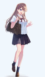  1girl :d ;d bag black_skirt black_socks breast_pocket brown_bag brown_shoes collared_shirt commentary_request fujishima_megumi full_body highres loafers looking_at_viewer love_live! love_live!_hasu_no_sora_jogakuin_school_idol_club macken666 miniskirt neck_ribbon one_eye_closed open_hand open_mouth pleated_skirt pocket red_ribbon ribbon school_bag school_uniform shirt shoes short_sleeves skirt smile socks solo teeth tsukine_kona upper_teeth_only virtual_youtuber voice_actor_connection white_shirt 