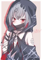  1girl arm_tattoo artist_name bandaged_arm bandages bandaid bandaid_on_face bare_shoulders belt_collar black_choker black_dress black_gloves black_hood black_mask black_tank_top blush border brown_background chain chest_sarashi choker collar collarbone colored_inner_hair crossed_bangs cuffs dress furrowed_brow gauze_on_arm gloves grey_hair hair_between_eyes hair_ornament highres looking_at_viewer mahou_shoujo_no_majo_saiban mask mask_pull mouth_mask multicolored_hair red_eyes red_hair sarashi shackles shito_alisa short_hair signature simple_background solo stitched_face stitches tank_top tattoo torikago_sekai torn_clothes torn_dress upper_body white_border x_hair_ornament 
