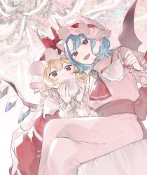  2girls ascot bat_wings blonde_hair blue_hair bow brooch collared_shirt commentary crystal crystal_wings cup flandre_scarlet frilled_shirt_collar frills hat hat_ribbon highres holding holding_cup jewelry laspberry. looking_at_viewer mob_cap multiple_girls open_mouth pink_hat pink_shirt pink_skirt red_ascot red_bow red_eyes red_nails red_skirt red_vest remilia_scarlet ribbon shirt siblings sisters sitting skirt skirt_set sleeve_bow smile teacup touhou untranslatable_commentary vest white_hat white_shirt wings yellow_ascot 