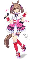  1girl absurdres animal_ears black_bow blush bow breasts brown_eyes brown_hair center_frills character_name closed_mouth commentary_request frilled_thigh_strap frills hair_between_eyes hair_bow heart highres holding holding_microphone horse_ears horse_girl horse_tail looking_at_viewer mgr3na2sup_6 microphone multiple_hair_bows musical_note pink_bow pink_skirt puffy_short_sleeves puffy_sleeves purple_bow red_socks red_wrist_cuffs shirt shoes short_sleeves skirt smart_falcon_(love_4ever)_(umamusume) smart_falcon_(umamusume) smile socks solo standing standing_on_one_leg suspender_skirt suspenders tail thigh_strap twintails umamusume white_shirt wrist_cuffs 