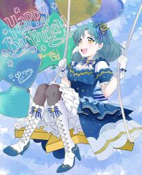  1girl :d artist_name balloon blue_bow blue_bowtie blue_dress booing6 boots bow bowtie breasts commentary_request crown dress full_body green_hair hair_bow happy_birthday heart_balloon high_heel_boots high_heels highres idolmaster idolmaster_million_live! idolmaster_million_live!_theater_days lace-up_boots medium_breasts mini_crown official_alternate_costume on_swing open_mouth smile solo star_balloon swing tokugawa_matsuri tokugawa_matsuri_(illumination_cosmos) white_boots yellow_eyes 