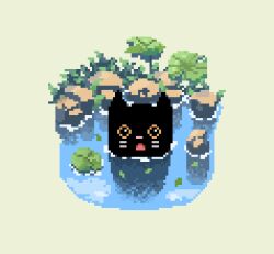 animal animal_focus black_cat cat day decomposedmaw grass green_leaf leaf lily_pad nature no_humans open_mouth original outdoors partially_submerged pixel_art plant pond rock shadow whiskers white_background 