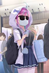  1boy 2girls 2others ahoge aqua_hair backpack bag black-framed_eyewear black_bag black_shirt blue_skirt bow braid breasts cellphone colored_inner_hair commentary_request handbag highres holding holding_bag holding_phone hololive hood hood_bow hoodie hot large_breasts long_hair mask minato_aqua mochiki_927 multicolored_hair multiple_girls multiple_others pantyhose phone pink_hair purple_bow shirt short_sleeves skirt smartphone solo_focus streaked_hair sunglasses thighs twin_braids twintails two-tone_hair virtual_youtuber white_hoodie white_mask white_pantyhose wristband 