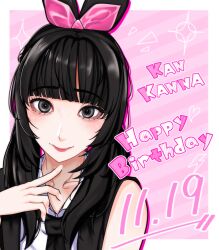  1girl black_hair blunt_bangs border closed_mouth commentary dated fang fang_out grey_eyes highres i_do_me!_(love_live!) kan_kanna lightning_bolt_symbol long_hair love_live! love_live!_hasu_no_sora_jogakuin_school_idol_club notice_lines outside_border pink_background real_life smile solo sparkle takanashi_ayato untranslatable_commentary voice_actor white_border 