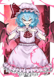  1girl absurdres adeshi_(adeshi0693119) artist_name ascot back_bow bat_wings blue_hair blush bow commentary frilled_skirt frilled_wrist_cuffs frills full_moon hat hat_ribbon highres looking_at_viewer medium_hair mob_cap moon night open_mouth pink_hat pink_shirt pink_skirt pointy_ears puffy_short_sleeves puffy_sleeves red_ascot red_bow red_eyes red_moon red_wrist_cuffs remilia_scarlet ribbon ribbon-trimmed_skirt ribbon_trim shirt short_sleeves skirt skirt_set smile solo touhou twitter_username wings wrist_cuffs 