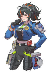  1girl absurdres badge black_gloves black_hair black_pants blue_jacket blush breasts checkered_necktie closed_mouth cropped_legs finger_to_face gloves green_necktie hairband hand_on_own_hip high-waist_pants highres holster jacket kinoiyy large_breasts looking_at_viewer metal_hairband multicolored_hair necktie neps_badge_(zenless_zone_zero) pants police police_badge police_uniform policewoman ponytail raised_eyebrow red_eyes red_streaks revision shoulder_holster simple_background small_sweatdrop solo streaked_hair tight_clothes tight_pants white_background zenless_zone_zero zhu_yuan 