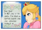  1girl bangs blonde_hair blue_background blue_eyes border character_name crown dress earrings english_text from_side gem giganticbuddha highres jewelry letter long_hair pink_dress portrait princess_peach solo super_mario_bros. white_border 