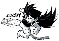  1girl black_hair boots comic_panel_redraw derivative_work dragon_ball dragon_ball_z earrings elbow_gloves english_text full_body gloves jewelry kicking long_hair monkey_girl monkey_tail motion_lines original saiyan saiyan_armor sayote_(teknodice) scar scar_on_face scars_all_over shoulder_pads simple_background single_earring sound_effects speed_lines tail teknodice white_boots white_gloves 