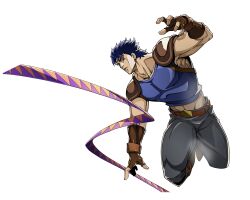  1boy alpha_transparency black_pants blue_eyes blue_hair brown_gloves fingerless_gloves full_body gloves halftone halftone_background jojo_no_kimyou_na_bouken jonathan_joestar male_focus midriff midriff_peek muscular muscular_male official_art pants phantom_blood shoulder_pads solo transparent_background 