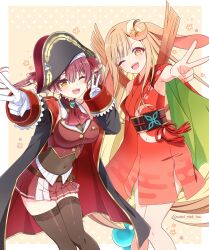  2girls absurdres ascot bare_shoulders blonde_hair blush breasts cho_kaguya-hime! commentary_request crescent crescent_cutout crescent_hair_ornament crossover eyeshadow feet_out_of_frame gloves hair_ornament hat highres hololive houshou_marine kaguya_(cho_kaguya-hime!) kaguya_(tsukuyomi)_(cho_kaguya-hime!) leotard leotard_under_clothes long_sleeves makeup multiple_girls navel one_eye_closed open_mouth orange_eyeshadow pirate_hat red_ascot red_hair sleeves_past_wrists smile sweet_miuk_tea thigh-highs twitter_username v virtual_youtuber white_gloves yellow_eyes 