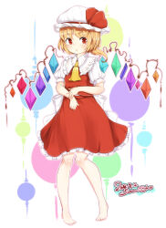 2018 ascot barefoot blonde_hair blue_eyes bow commentary_request crystal_wings dated dress flandre_scarlet frilled_hat frills furim hat highres looking_at_viewer medium_hair open_mouth puffy_sleeves red_bow red_dress red_eyes touhou white_background wings yellow_ascot 