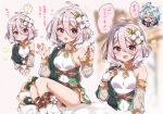  ! &gt;_&lt; 2girls :d :x ahoge antenna_hair bangs blue_hair blurry blurry_background blush blush_stickers braid bridal_gauntlets chibi closed_mouth collarbone cropped_torso detached_sleeves dress elf eyelashes feet_out_of_frame flower gold_trim green_dress grey_hair hair_between_eyes hair_flower hair_ornament hair_over_shoulder hand_up hands_up heart hi_(pontolfo) highres holding kokkoro_(princess_connect!) long_sleeves looking_at_viewer mimikaki multicolored_clothes multicolored_dress multiple_girls multiple_views notice_lines open_mouth pointy_ears princess_connect! red_eyes see-through see-through_sleeves shefi_(princess_connect!) short_hair sidelocks single_bare_shoulder sitting sleeveless sleeveless_dress smile solo_focus speech_bubble spoken_exclamation_mark translated two-tone_dress upper_body white_background white_dress white_flower 