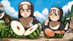  4girls absurdres baby_animal bird blonde_hair blue_eyes brown_eyes brown_hair chicken clouds cloudy_sky clumsy_nun_(diva) commentary diva_(hyxpk) duck duckling english_commentary feathers food froggy_nun_(diva) fruit glasses glasses_nun_(diva) highres holding holding_knife hungry_nun_(diva) knife little_nuns_(diva) making-of_available multiple_girls nun outdoors round_eyewear sky snail sweat tongue tongue_out traditional_nun tree watermelon watermelon_on_head watermelon_seeds 