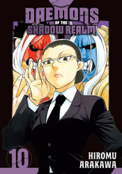  1girl 2others absurdres adjusting_eyewear arakawa_hiromu artist_name black_background black_eyes black_hair black_jacket black_necktie blonde_hair blue_mask character_request closed_mouth collared_shirt copyright_name cover cover_page creator_name english_text fangs glasses hair_bun highres jacket kuroya_natsuki long_sleeves looking_at_viewer manga_cover mask medium_hair multiple_others necktie numbered official_art purple_background red_mask shirt single_hair_bun solo suit suit_jacket white_shirt yomi_no_tsugai 