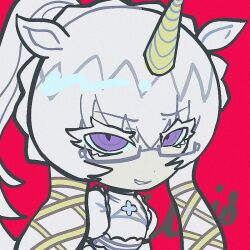  1girl animal_ears black_souls black_souls_2 character_name chibi chibi_only cleavage_cutout clothing_cutout colored_eyelashes commentary dress flat_chest glasses grin horns horse_ears long_hair looking_at_viewer meegrinder ponytail red_background sidelocks single_horn smile solo unicorn_girl unis_(black_souls) violet_eyes white_dress white_hair 