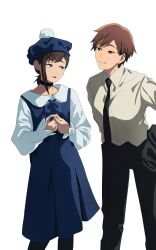  2girls absurdres anime_coloring asymmetrical_bangs asymmetrical_hair beret black_choker black_jacket black_necktie black_pants blue_bow blue_bowtie blue_dress blue_hat bow bowtie brown_eyes brown_hair chainsaw_man choker collarbone collared_shirt commentary division_4_female_member dress earrings english_commentary grin hair_ornament hairclip hand_in_pocket hat height_difference higashiyama_kobeni highres holding holding_unworn_clothes holding_unworn_jacket jacket jewelry knew_nothing long_sleeves looking_at_another low_ponytail mole mole_on_neck mole_under_eye multiple_girls multiple_moles necktie official_alternate_costume open_mouth own_hands_together pants pinafore_dress pom_pom_(clothes) ponytail shirt short_ponytail short_side_ponytail side_ponytail sleeveless sleeveless_dress smile stud_earrings tomboy unworn_jacket white_background white_shirt 