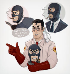  cigarette glasses gloves knife mask medic_(tf2) smirk smoking speech_bubble spy_(tf2) team_fortress_2 text 