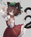  1girl :o animal_ear_fluff animal_ears ayahi_4 bangs blush bow bowtie brown_eyes cat_ears cat_girl cat_tail chen commentary cowboy_shot dress earrings fang from_side green_headwear grey_background hat highres jewelry juliet_sleeves long_sleeves looking_at_viewer medium_hair mob_cap multiple_tails open_mouth petticoat puffy_sleeves red_dress red_nails shirt single_earring solo tail touhou two_tails white_bow white_bowtie white_shirt 