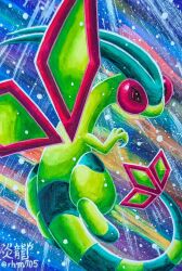  claws color_ink_(medium) dragon enryuu_(pixiv3483358) flygon flying green_wings highres no_humans pokemon pokemon_(creature) pokemon_focus red_eyes tail traditional_media wings 