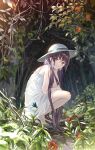 1girl bangs bare_shoulders barefoot blush character_request closed_mouth copyright_request dress flower forest grass hat highres long_hair looking_at_viewer nature outdoors plant purple_hair red_eyes red_flower sleeveless sleeveless_dress smile solo squatting sun_hat tan_(tangent) tree very_long_hair white_dress white_headwear 