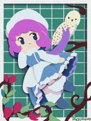  :/ absurdres apron artist_name bird blue_eyes blue_shoes blue_skirt blue_vest border branch commentary derbruhniko floating flower frilled_skirt frills full_body green_background grid_background hand_on_own_chin hat highres juliet_sleeves leaf letty_whiterock long_hair long_sleeves looking_to_the_side owl pants pants_under_skirt paper_cutout_(medium) papercraft_(medium) plant ponytail puffy_sleeves purple_hair shirt shoes signature skirt touhou unconventional_media vest vines waist_apron white_apron white_border white_hat white_pants white_shirt 
