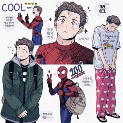  1boy animal_print backpack bag blush bodysuit brown_eyes brown_hair clothes_grab cowboy_shot emoji english_text full_body holding holding_phone hood hood_down hooded_jacket jacket korean_text layered_clothes lemonmelon00 long_sleeves marvel mask multicolored_bodysuit multiple_views nervous own_hands_together pants peter_parker phone portrait print_bodysuit red_bodysuit shaking shirt short_hair simple_background smile sparkle speech_bubble spider-man spider-man_(series) spider_print spider_web_print star_(symbol) superhero_costume sweat t-shirt tears thumbs_up two-tone_bodysuit v very_short_hair white_background 