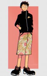  1boy alternate_costume black_hair black_jacket black_shoes border closed_mouth commentary_request floral_print full_body grey_border hands_in_pockets jacket kiyoshita looking_at_viewer male_focus monkey_d._luffy one_piece outside_border pink_background print_shorts scar scar_on_cheek scar_on_face shoes short_hair shorts sneakers solo standing track_jacket 