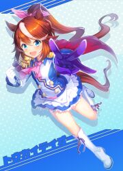  1girl :d animal_ears ascot asymmetrical_gloves blue_background blue_eyes blue_trim blush boots bow breasts brown_hair buttons capelet character_name clenched_hand commentary double-breasted ear_bow ear_ribbon epaulettes full_body gloves gradient_background hair_between_eyes high_ponytail highres horse_ears horse_girl horse_tail knee_boots leg_up long_hair long_sleeves looking_at_viewer mismatched_gloves multicolored_hair open_mouth outline pink_ascot pleated_skirt polka_dot polka_dot_background ponytail purple_gloves red_capelet shirt single_epaulette single_hair_streak skirt small_breasts smile solo streaked_hair tail teeth three-finger_salute tokai_teio_(peak_joy)_(umamusume) tokai_teio_(umamusume) two-tone_hair two-tone_skirt umamusume umipro upper_teeth_only white_boots white_gloves white_hair white_outline white_skirt white_streaks 