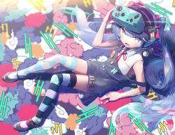  1girl alternate_costume arm_up asymmetrical_legwear bare_arms black_shoes black_thighhighs blue_eyes blue_hair blue_overalls blue_thighhighs collared_shirt colorful_background commentary_request dot_nose fang from_above full_body gesoking glitch hair_ornament hair_scrunchie hand_on_headphones hatsune_miku head-mounted_display head-mounted_display_lift headphones highres jewelry knees_up long_hair looking_at_viewer looking_up mary_janes miniskirt mismatched_legwear mismatched_thighhighs multicolored_eyes multiple_rings neck_ribbon no_pupils on_floor open_mouth overall_skirt overalls pink_eyes pink_scrunchie reclining red_ribbon ribbon ring scrunchie shirt shoes sitting skin_fang skirt sleeveless sleeveless_shirt solo strap_slip striped_clothes striped_thighhighs thigh-highs twintails two-tone_eyes very_long_hair vocaloid white_shirt white_thighhighs zettai_ryouiki 