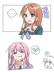  3girls absurdres bang_dream! bang_dream!_it's_mygo!!!!! blue_shirt blush brown_hair chihaya_anon fang grey_eyes grey_jacket haneoka_school_uniform highres jacket long_hair multiple_girls nagasaki_soyo open_mouth ow1804 pink_hair school_uniform shiina_taki shirt tsukinomori_school_uniform 