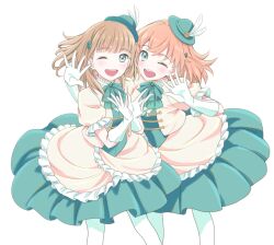  2girls 6th_live_dream_~bloom_garden_party~ :d ;d animification aqua_eyes blunt_bangs brown_hair commentary_request crossed_bangs feathers flower_stand_art frilled_skirt frilled_sleeves frills gloves green_hat green_skirt hagisiri_kuma hana_sakeba_yume_kakeru hat hat_feather hinoshita_kaho jacket looking_at_viewer love_live! love_live!_hasu_no_sora_jogakuin_school_idol_club love_live!_hasu_no_sora_jogakuin_school_idol_club_bloom_garden_party multiple_girls nirei_nozomi one_eye_closed open_clothes open_jacket open_mouth orange_hair pantyhose pleated_skirt puffy_short_sleeves puffy_sleeves real_life short-sleeved_jacket short_sleeves simple_background skirt smile teeth under-elbow_gloves upper_teeth_only virtual_youtuber voice_actor white_background white_feathers white_gloves white_jacket white_pantyhose 