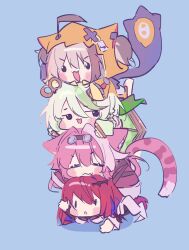  4girls :3 ahoge animal_ears aqyuuki blonde_hair blue_background blush_stickers brown_hair cecilia_immergreen chibi chibi_only commentary_request elizabeth_rose_bloodflame fang gigi_murin goggles goggles_on_head green_hair hair_between_eyes highres hololive hololive_english hood hood_up multicolored_hair multiple_girls open_mouth panther_ears panther_tail pink_hair raora_panthera red_hair simple_background tail virtual_youtuber 