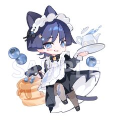  1boy alternate_costume animal_ears apron bell black_bow black_bowtie black_dress black_hair black_sleeves blue_eyes blueberry blunt_ends blush bow bowtie bright_pupils cat_boy cat_ears cat_tail chibi chibi_only choppy_bangs cranberry11_207 crossdressing crossdressing_(mtf) dress enmaided eyeliner food frilled_apron frills fruit full_body genshin_impact gold_bell grey_pantyhose gun hair_ornament handgun highres holding holding_gun holding_plate holding_weapon kettle long_dress long_sleeves looking_at_viewer maid makeup male_focus male_maid neck_bell open_mouth pancake pantyhose plate raised_eyebrow red_eyeliner sample_watermark scaramouche_(genshin_impact) solo star_(symbol) star_hair_ornament syrup tail wanderer_(genshin_impact) watermark weapon white_apron white_background white_mouth white_pupils wolf_cut 