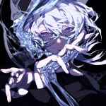 1other absurdres bangs black_background blue_eyes close-up closed_mouth grey_hair hair_between_eyes hand_up highres hnzwakira lips looking_at_viewer original simple_background skeleton smile solo symbol-shaped_pupils 