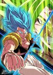  2boys aura baggy_pants black_vest black_wristband blue_eyes blue_hair broly_(dragon_ball_super) clenched_hand clenched_teeth commentary_request dragon_ball dragon_ball_super dragon_ball_super_broly energy_ball energy_orb glowing glowing_hand gogeta green_hair highres legendary_super_saiyan male_focus metamoran_vest multiple_boys muscular muscular_male pants pectorals purple_sash sash signature solo spiky_hair super_saiyan super_saiyan_blue takahashi_yuuya teeth translation_request v-shaped_eyebrows veins vest white_pants wristband 
