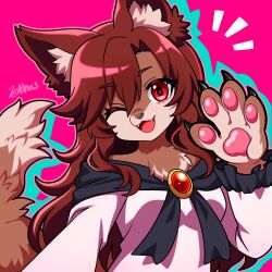  1girl animal_ear_fluff animal_ears brooch brown_hair commentary_request dress fangs furrification furry furry_female highres imaizumi_kagerou ishiki_nuru jewelry long_hair long_sleeves looking_at_viewer neck_tuft notice_lines off-shoulder_dress off_shoulder one_eye_closed open_mouth pawpads pink_background red_eyes smile solo tail touhou upper_body white_dress wolf_ears wolf_girl wolf_tail 