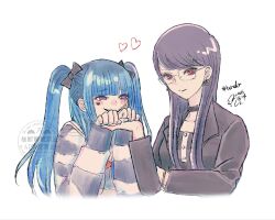  2girls amemiya_darumi black_bow black_choker black_dress black_hair black_jacket blue_hair bow choker commentary_request cropped_torso dated dress earrings facial_mark glasses hair_bow hair_ornament hashtag heart heart_facial_mark highres jacket jewelry long_hair makeup multicolored_hair multiple_girls open_mouth paw_pose pink_eyes purple_hair red_eyes rj_octr shirt shizuhara_hiruko smile striped_clothes striped_shirt the_hundred_line_-last_defense_academy- twintails watermark white_background 