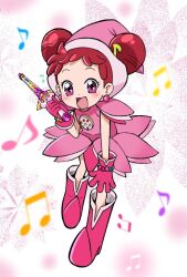  1girl :d abstract_background blush boots commentary_request double_bun dress earrings emapippi full_body gloves hair_bun hair_ornament hand_up harukaze_doremi hat highres holding holding_wand jewelry knee_boots looking_at_viewer magical_girl musical_note musical_note_hair_ornament ojamajo_doremi open_mouth pink_boots pink_dress pink_eyes pink_gloves pink_hat red_hair short_hair smile solo standing wand white_background witch_hat 