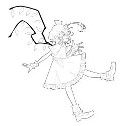  1girl absurdres ascot collared_shirt commentary crystal crystal_wings flandre_scarlet frilled_skirt frilled_wrist_cuffs frills from_side full_body greyscale hat hat_ribbon highres mary_janes mob_cap monochrome one_side_up open_mouth red_vest ribbon shirt shoes short_sleeves skirt smile socks solo touhou vest wings wrist_cuffs yuya_(euky8335) 