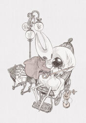  2girls absurdres arthropod_girl bodysuit bug cloak colored_skin commentary_request fioco_virus firefly full_body hat highres holding hollow_eyes hollow_knight hollow_knight:_silksong horned_mask hornet_(hollow_knight) lace_(hollow_knight) looking_at_another mask multiple_girls pin_(hollow_knight) simple_background standing thread weapon white_background 