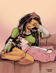  ava_ayala brown_hair couch disney highres karystmania lap_pillow long_hair looking_at_another lying lying_on_person marvel on_back peter_parker relaxing short_hair smile spider-man spider-man_(series) ultimate_spider-man_(2012_animated_series) white_tiger_(marvel) 