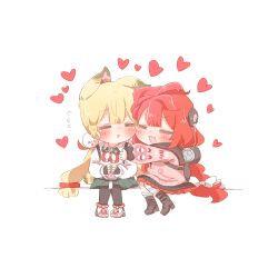  2girls :3 :d ahoge alice_thymefield animal_ears black_boots black_gloves black_pantyhose black_sailor_collar black_skirt blonde_hair blush boots bow closed_eyes collared_shirt commentary_request fingerless_gloves flying_sweatdrops full_body gloves green_skirt hair_bow hair_ornament heart high_heel_boots high_heels hug long_hair long_sleeves low_twintails multiple_girls open_mouth pantyhose pink_sweater pleated_skirt pom_pom_(clothes) pom_pom_hair_ornament rabbit_ears rabbit_girl rebecca_(keinelove) red_hair sailor_collar shirt shoes simple_background sitting skirt smile sphere_hair_ornament striped_clothes striped_thighhighs sweater thigh-highs twintails ukinami_yuzuha white_background white_bow white_shirt white_shoes zenless_zone_zero 