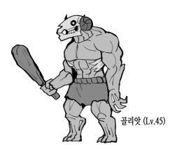  1boy abs club_(weapon) commentary_request full_body greyscale holding holding_club holding_weapon korean_commentary korean_text monochrome muscular muscular_male oligogi_meoggosipda original power_level solo tagme translation_request weapon 