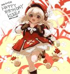  1girl backpack bag bangs blonde_hair bloomers boots brown_footwear brown_gloves character_name clover dated dress english_text explosion four-leaf_clover genshin_impact gloves hair_between_eyes happy_birthday hat klee_(genshin_impact) leg_up looking_at_viewer low_twintails open_mouth pointy_ears red_dress red_eyes red_headwear simple_background ta_ma_on twintails twitter_username underwear white_background 