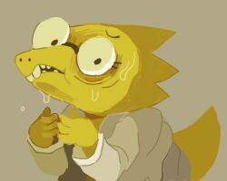  1girl 2015 2d alphys animal_nose anthro brown_background buck_teeth coat colored_skin digital_media dinosaur dinosaur_girl female female_only gettehld glasses hands_up highres lab_coat lizard lizard_girl lizard_tail long_sleeves monster monster_girl nervous reptile reptile_girl reptile_tail scalie simple_background solo sweat tail teeth undertale upper_body utdr_(toby_fox) white_coat yellow_skin 