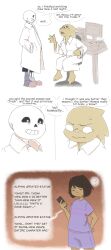  1boy 1girl 1other 2019 2d ? alphys ambiguous_gender animal_nose anthro barefoot black_shorts blue_socks book bowl brown_hair buck_teeth cellphone chair coat collared_coat colored_skin comic comic_sans computer digital_media dinosaur dinosaur_girl double_horizontal_stripe english_text female frisk_(undertale) glasses hands_in_pockets highres holding holding_cellphone holding_phone hollow_eyes horizontal-striped_clothes human humanoid lab_coat lizard lizard_girl long_sleeves loutpott male mismatched_socks monster monster_boy monster_girl open_clothes open_coat phone pink_slippers purple_shirt purple_shorts purple_socks purple_stripes reptile reptile_girl sans_(undertale) scalie sequential shirt short_hair short_sleeves shorts simple_background single_vertical_stripe sitting skeleton slippers socks speech_bubble standing striped_clothes striped_shirt striped_shorts swivel_chair table talking tall_image teeth text trio two-tone_shirt undead undertale utdr_(toby_fox) vertical-striped_clothes vertical-striped_shorts white_background white_coat white_stripes yellow_skin 