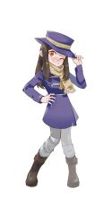  1girl a_hat_in_time backer_b_(a_hat_in_time) bad_id bad_twitter_id blush boots brown_boots brown_eyes brown_hair buttons closed_mouth coat commentary cosplay double-breasted english_commentary full_body hand_on_own_hat hand_on_own_hip hat hat_kid hat_kid_(cosplay) hat_ribbon kudo_nguyen long_hair long_sleeves looking_at_viewer mole mole_under_mouth one_eye_closed pants purple_coat purple_hat ribbon sidelocks smile solo standing white_background white_pants yellow_ribbon 