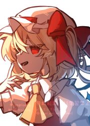  1girl ascot blonde_hair bow collared_shirt commentary_request crystal crystal_wings flandre_scarlet frilled_shirt_collar frills hat hat_bow highres illust_atelier3 looking_at_viewer mob_cap one_side_up open_mouth red_bow red_eyes red_vest shirt signature simple_background smile solo touhou upper_body vest watermark white_background white_hat white_shirt wings yellow_ascot 