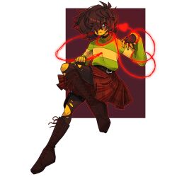 1other absurdres androgynous belt black_choker black_thighhighs boots brown_hair choker coffeesmug21 deltarune fingerless_gloves gloves hair_between_eyes hair_over_one_eye heart high-waist_belt highres kris_(deltarune) leg_belt long_sleeves looking_at_another looking_at_viewer nail_polish other_focus pants plaid_clothes plaid_skirt red_eyes red_skirt red_soul_(utdr) short_hair simple_background skirt soul_(character)_(deltarune) soul_(utdr) striped_clothes striped_sweater sweater thigh-highs torn_clothes torn_pants utdr_(toby_fox) white_background 