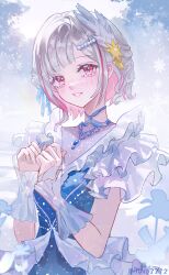  1girl absurdres black_dress blue_dress blush colored_inner_hair commentary_request dress frilled_dress frills grin hair_ornament highres huco3312 icy_(love_live!) looking_at_viewer love_live! love_live!_hasu_no_sora_jogakuin_school_idol_club multicolored_hair outdoors pink_eyes pink_hair pink_streaks smile snowflakes solo streaked_hair sun_hair_ornament twitter_username upper_body virtual_youtuber white_hair yugiri_tsuzuri 